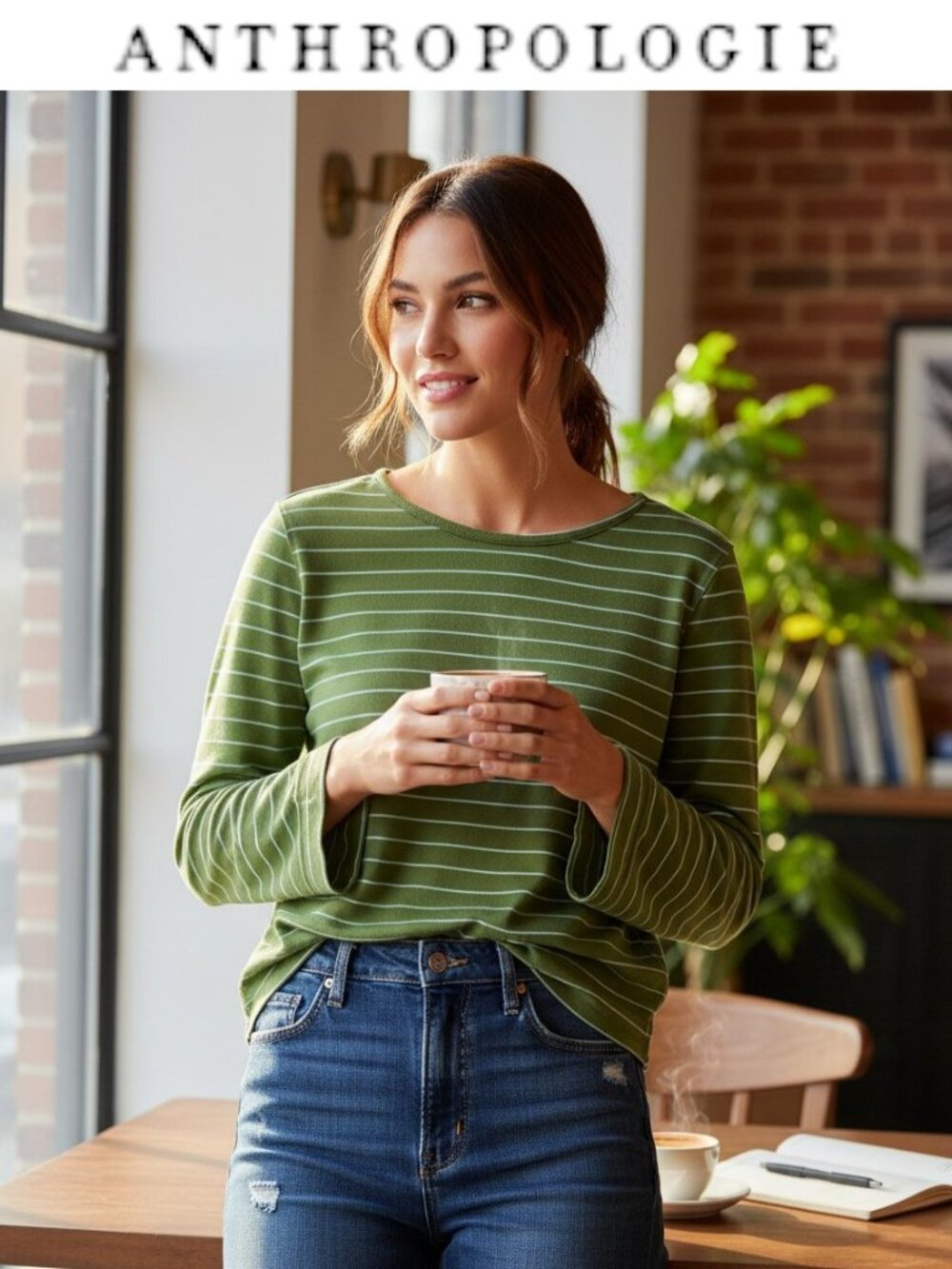Anthropologie Green Striped Cropped Tee Medium Long Sleeve Soft Casual Top